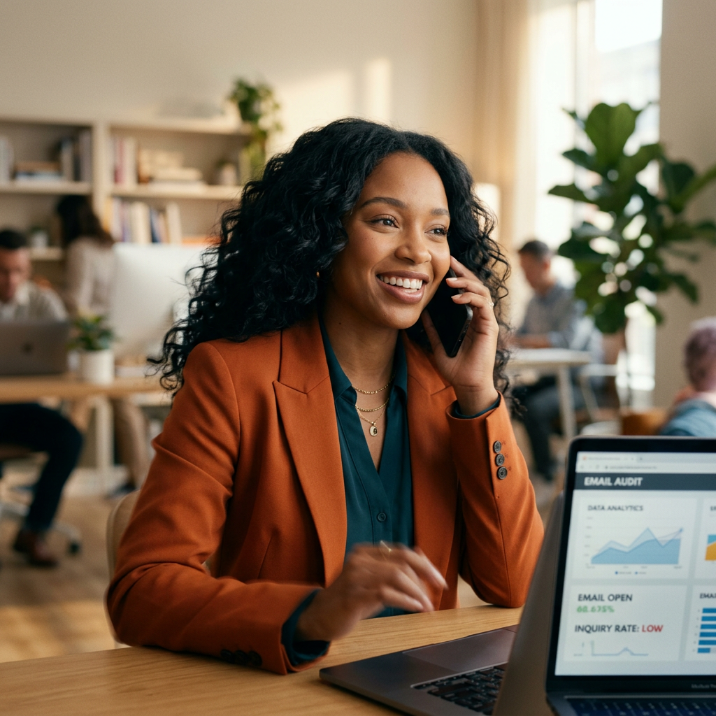 Smiling professional woman on phone beside laptop showing email analytics